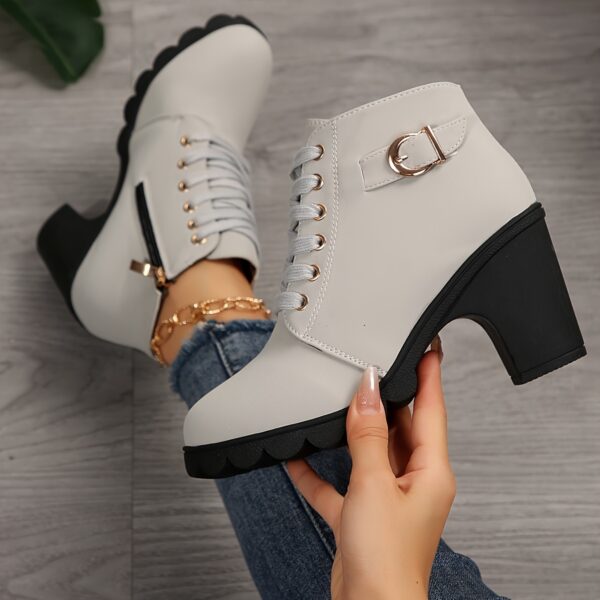 Women's Chunky Heel Short Boots, Fashion Lace Up Side Zipper Boots, Comfortable Ankle Boots - Image 2