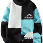 SENMEIGUO Men'S Chunky Knit Sweater, Casual Round Neck, Long Sleeve, Letter Print, Warm Winter Top, Regular Fit, Knitted Fabric, 2024 Fall/Winter Collection