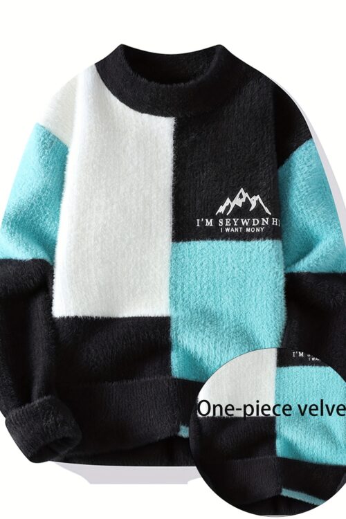 SENMEIGUO Men’S Chunky Knit Sweater, Casual Round Neck, Long Sleeve, Letter Print, Warm Winter Top, Regular Fit, Knitted Fabric, 2024 Fall/Winter Collection