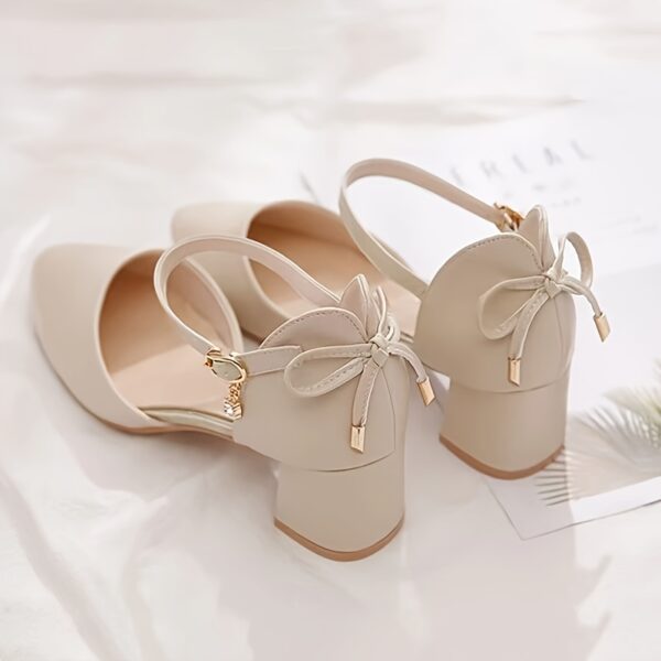 Women'S Elegant French-Inspired Mid-Heel Sandals with Ankle Strap & Bow Detail - Chic Pointed Toe Block Heel Pumps for Spring/Summer, Versatile & Fashionable Hollow Cutouts, Strappy Sandals - Image 3