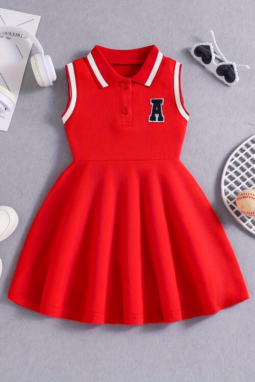 Sporty Elegance] Girls’ Red Tennis & Athletic Dress – Breathable, Sweat Absorbent Polyester with Stretch | Sleeveless Design with Black Lettering for Sports & Casual Wear
