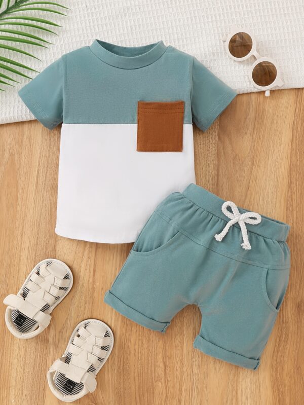 Two-Piece Set for Baby Boys Featuring a Short-Sleeve T-Shirt with a Front Pocket And Solid Color Shorts, for Outdoor - Image 2