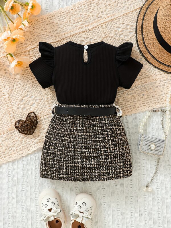 Spring and Summer Baby Girl Ribbed Comfortable T-shirt and Thick Flower Half Skirt + Belt Children's Dress Set 3-6m Water Drop Buckle, Perfect for Outdoor - Image 2
