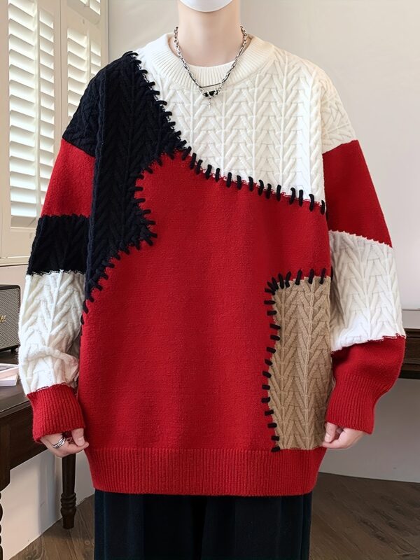 Men's Color-Block Cable Knit Sweater - Soft Warm All-Season Casual Pullover with Contrast Design, Machine Washable Regular Fit Round Neck Long Sleeve, Knitted Sweater, Durable Comfort Wear - Image 8
