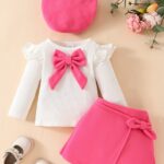 3pcs Baby's Adorable Bowknot Decor Long Sleeve Top + Beret + Trendy Skirt, Toddler & Infant Girl's Clothing Outdoor Set For Winter Fall, Outdoor Cloth - Image 7