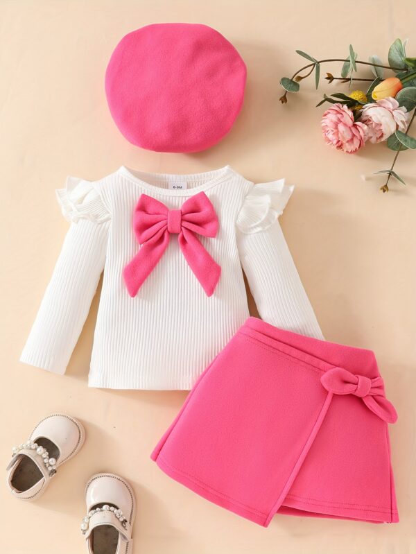 3pcs Baby's Adorable Bowknot Decor Long Sleeve Top + Beret + Trendy Skirt, Toddler & Infant Girl's Clothing Outdoor Set For Winter Fall, Outdoor Cloth - Image 7