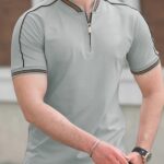 Men'S Casual Short Sleeve Polo Shirt - Beige with Black Side Stripes, Comfortable Breathable Fabric, Mandarin Collar, Zipper Detail, Perfect for Sports, Outdoor Activities & Casual Wear, Sports Casual Wear | Minimalist Design | Comfortable Fit - Image 4