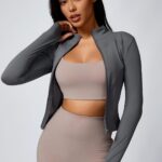 High-Elasticity Slim-Fit Yoga Top - Stand Collar Zipper Front Long Sleeve Workout Shirt, Peach Solid Color Non-See-Through Fabric for Yoga, Gym & Casual Wear, Machine Washable, Formfitting Design, Highelasticity Material - Image 6