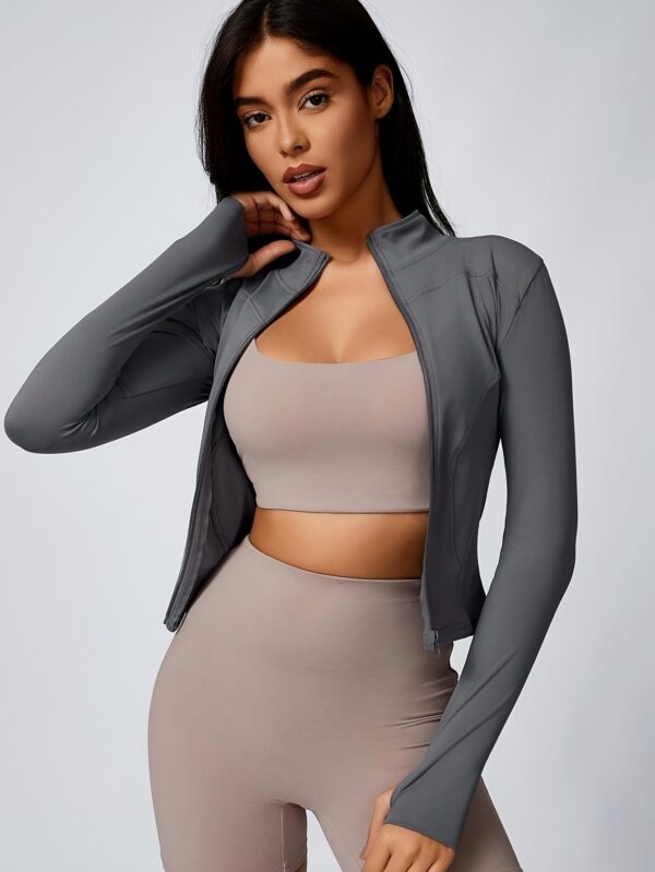 High-Elasticity Slim-Fit Yoga Top - Stand Collar Zipper Front Long Sleeve Workout Shirt, Peach Solid Color Non-See-Through Fabric for Yoga, Gym & Casual Wear, Machine Washable, Formfitting Design, Highelasticity Material - Image 6