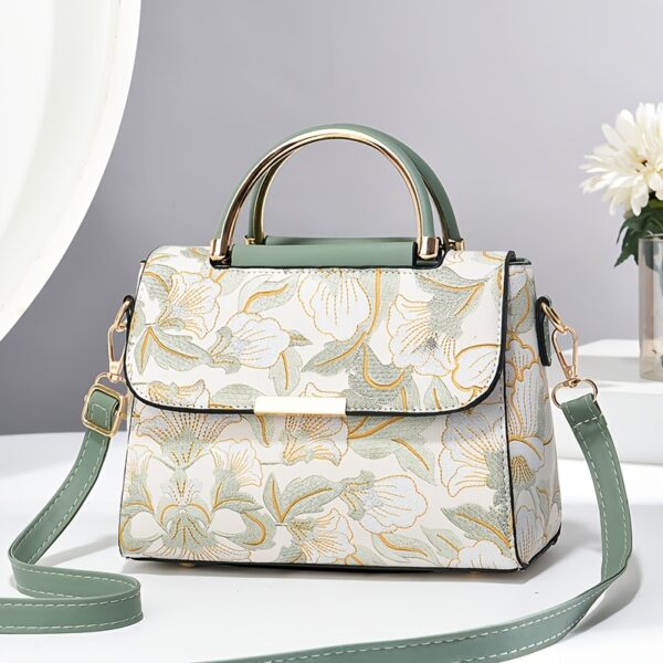 Elegant Floral Print Women's Handbag - Stylish Crossbody Bag with Golden-Tone Hardware, White Base & Black/Beige Floral Pattern, Lightweight & Spacious for Everyday Use - Image 8