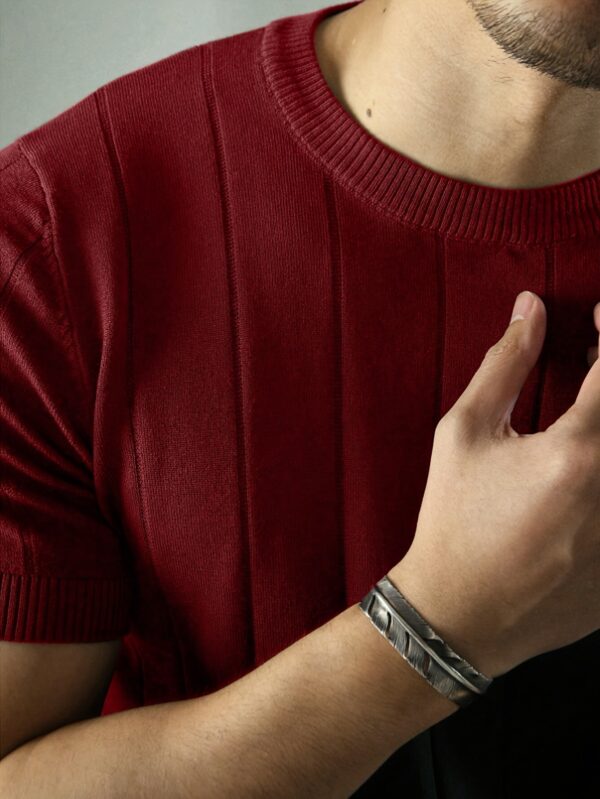 2024 New Men's Short Sleeve Knit Sweater - Breathable Stretch Fabric, Solid Red Round Neck Casual Pullover for Summer Outdoor & Daily Wear, Leisure Clothing, Mature Style Top, Comfortable Fit - Image 10