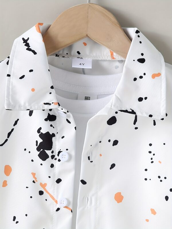 Summer Set for Boys with Splashed Ink Printed Short Sleeve Shirt + Plain Color Shorts - Image 3