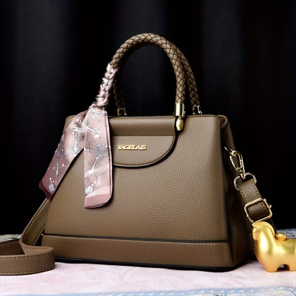 Elegant Women's Shoulder letter Bag - Chic Solid Color, Large Capacity with Scarf Accent, Adjustable Strap, Secure Zip Closure - Image 5