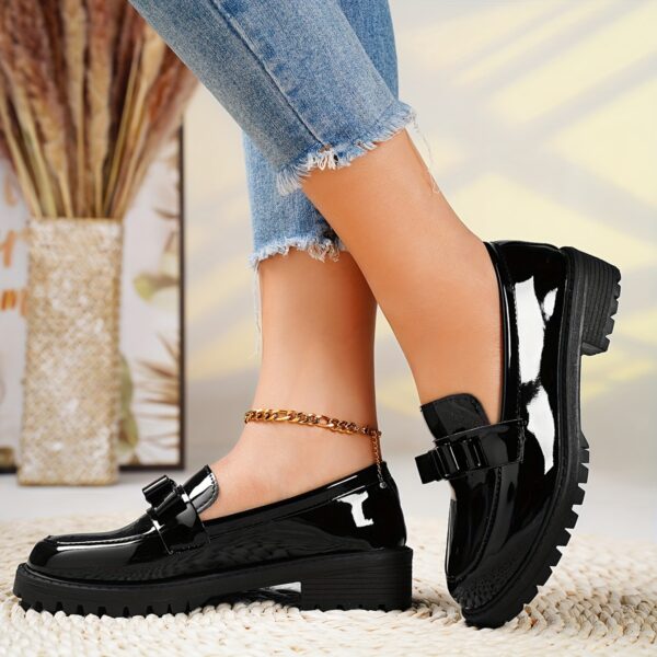 Women's Black Cover Loafers with Bow Detail - Comfortable Thick Sole, Round Toe Slip-On Shoes, Versatile for All Seasons - Image 2