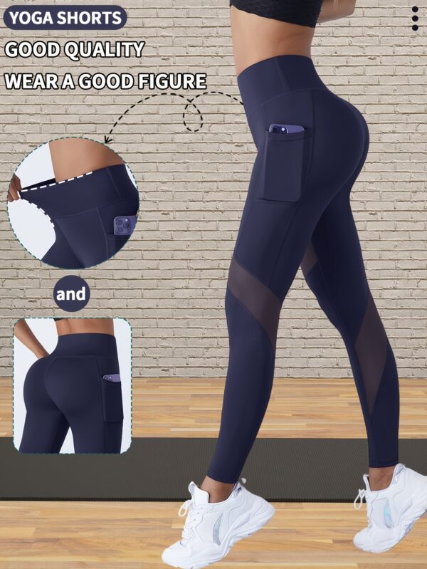 Yoga Tights with Abdominal Reduction and Contrast Color Mesh Fitness Gym Tights with Side Phone Pockets Yoga Leggings - Image 8