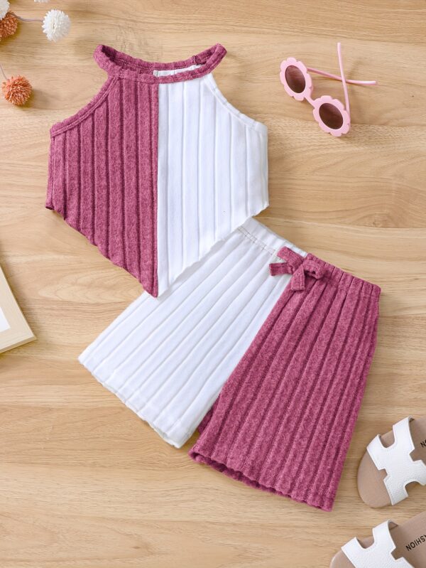 Girls 2pcs Summer Outfit Set, Knitted Polyester & Elastane, Solid Color Halter Neck Top with Bow Detail & Matching Shorts, Casual Fit for Playtime & Outings, for Outdoor - Image 2