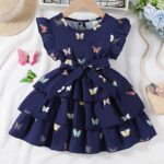Waddling Girl Elegant Butterfly Pattern Print Tiered Skirt with Three-Layer Hem Suitable for Summer