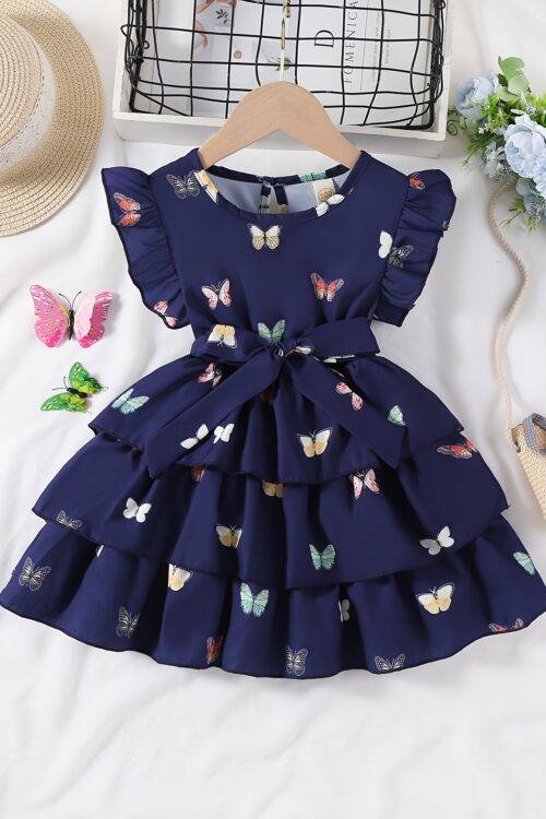 Waddling Girl Elegant Butterfly Pattern Print Tiered Skirt with Three-Layer Hem Suitable for Summer