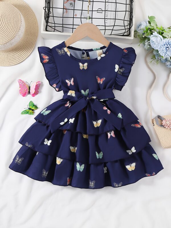Waddling Girl Elegant Butterfly Pattern Print Tiered Skirt with Three-Layer Hem Suitable for Summer