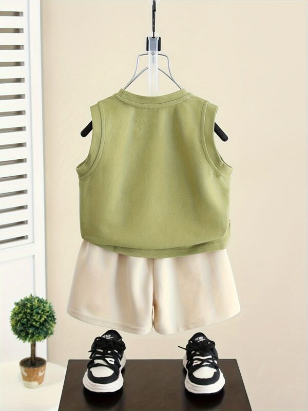 2pcs Cotton Set For Baby Boys, Summer Casual Sleeveless Round Neck Vest With Cap Design & Shorts, Fashionable Outfit Set, Green/Beige, Kids Comfort Wear, Outdoor Cloth - Image 3