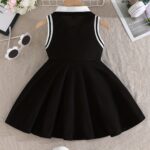 Toddler Sleeveless A-Line Dress - Vibrant Green with Black & White Striped Design, Button-Up Collar, Perfect for Summer Outdoor Activities, Youngsters' Fashion, Casual Wear|Sporty Style|Strapless Design, Youngsters Dress - Image 8