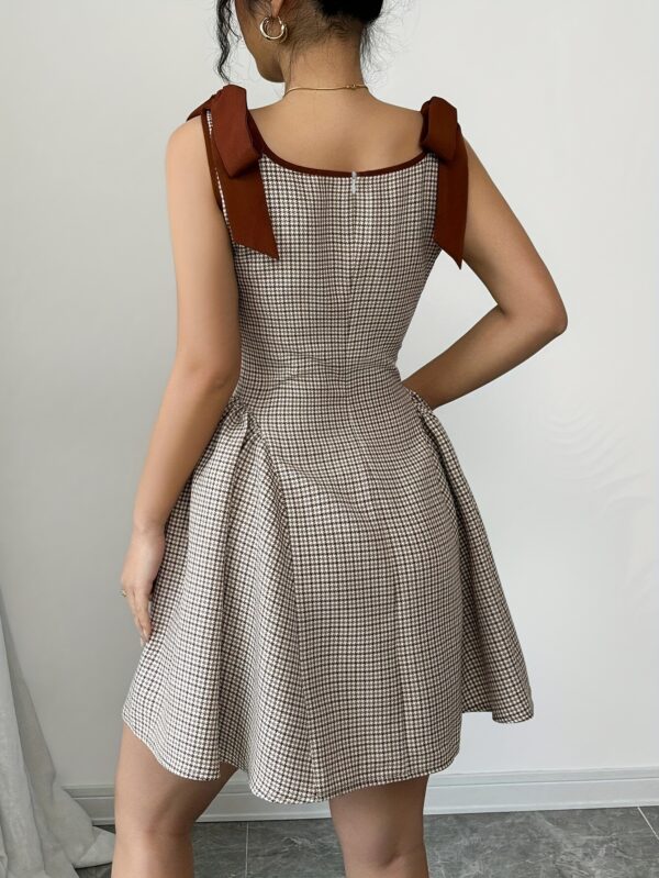 Elegant Women'S Plaid A-Line Dress, Square Neck, Fitted, Lace Up, Woven Polyester, 230g/m², with Cat Ear Design, for Adult, Summer - Image 2