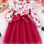 Elegant Floral Print Long Sleeve Dress with Belt - Mint Green Turned-Collar, Tulle Skirt, Perfect for Fall/Winter, Toddler Fashion, Toddler Fashion Outfit | Floral Print Dress | Glossy Fabric, Floral Print Blouse - Image 2