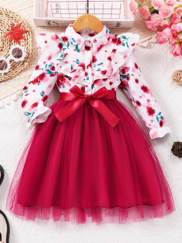 Elegant Floral Print Long Sleeve Dress with Belt - Mint Green Turned-Collar, Tulle Skirt, Perfect for Fall/Winter, Toddler Fashion, Toddler Fashion Outfit | Floral Print Dress | Glossy Fabric, Floral Print Blouse - Image 2
