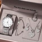 6pcs Elegant Women's Quartz Watch Set with Heart-Shaped Jewelry, Perfect Gift for Ladies, Non-Adjustable Alloy Strap, Classic Bar Markers Round Dial, Ideal Gift for Sisters and Mothers, Suitable for Ramadan or Casual Attire, No Packaging Box Included, Middle East Special Edition - Image 9