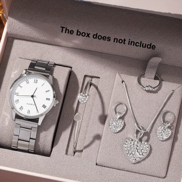6pcs Elegant Women's Quartz Watch Set with Heart-Shaped Jewelry, Perfect Gift for Ladies, Non-Adjustable Alloy Strap, Classic Bar Markers Round Dial, Ideal Gift for Sisters and Mothers, Suitable for Ramadan or Casual Attire, No Packaging Box Included, Middle East Special Edition - Image 9