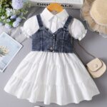 Girls' White Puff Sleeve Dress Paired with a Vest Two-Piece Set P101325 - Image 2