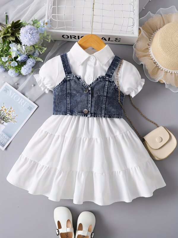 Girls' White Puff Sleeve Dress Paired with a Vest Two-Piece Set P101325 - Image 2