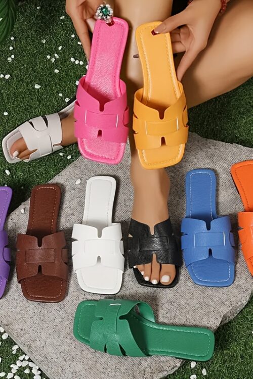 Women’S Flat Sandals – Colorful Square Toe Slip-On Shoes with Faux Cover Upper & Sole, Casual Summer Monogram Footwear in White, Pink, Yellow, Blue, Green & More, Everyday Sandals | Square Toe Design | Synthetic Cover Sandal