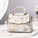 Elegant Floral Print Women's Handbag - Stylish Crossbody Bag with Golden-Tone Hardware, White Base & Black/Beige Floral Pattern, Lightweight & Spacious for Everyday Use