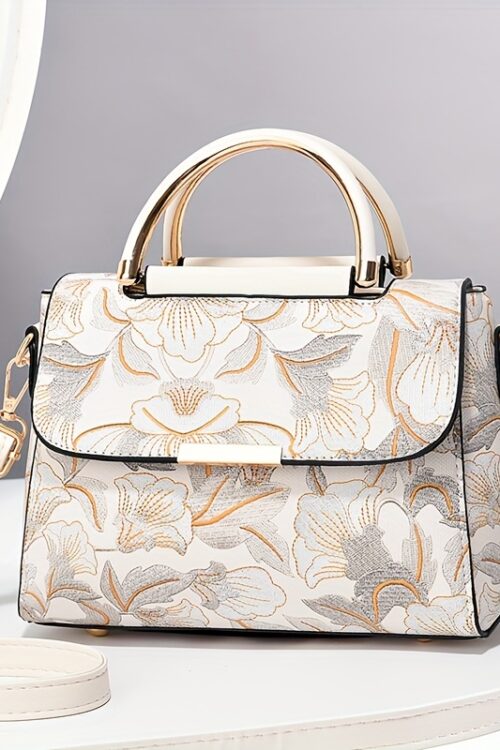 Elegant Floral Print Women’s Handbag – Stylish Crossbody Bag with Golden-Tone Hardware, White Base & Black/Beige Floral Pattern, Lightweight & Spacious for Everyday Use