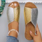 Women's Two Tone Wedge Slide Sandals, Crocodile Pattern Peep Toe Slip On Shoes, Comfy Soft Sole Slide Shoes - Image 5