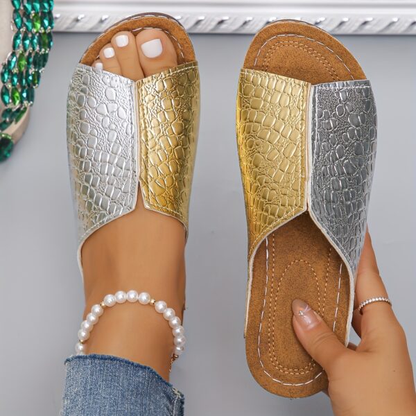 Women's Two Tone Wedge Slide Sandals, Crocodile Pattern Peep Toe Slip On Shoes, Comfy Soft Sole Slide Shoes - Image 5