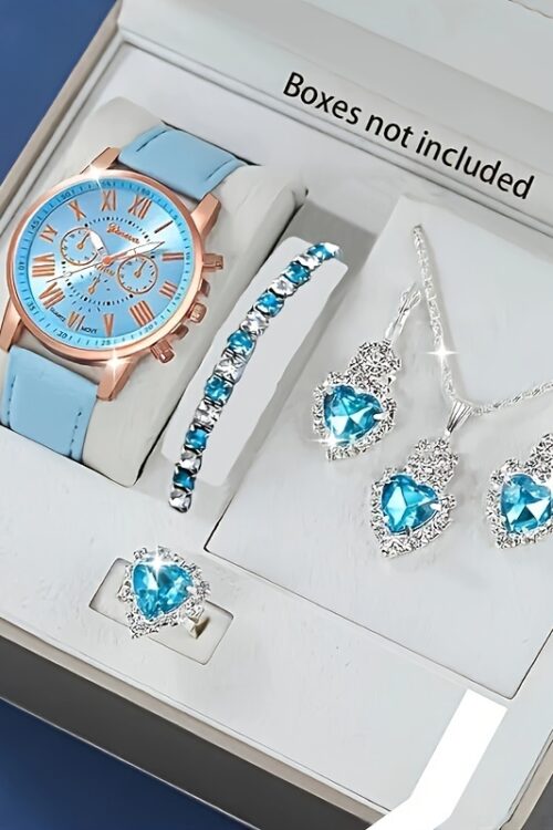 1pc Set of Fashionable Women’S Sky Blue Roman Quartz UP Faux Leather Watch And 5pcs of Heart Sky Blue Accessories Set. Eid, Valentine’S Day, Easter Gift for Mom