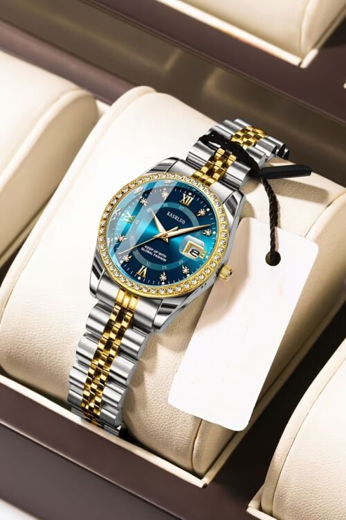 KASRLUO Women’s Stainless Steel Quartz Watch with Luminous Rhinestone Date Display, Blue Dial & Golden-Tone Band – Elegant Business Style, Casual Elegance | Elegant Timepiece | Luminous Dial