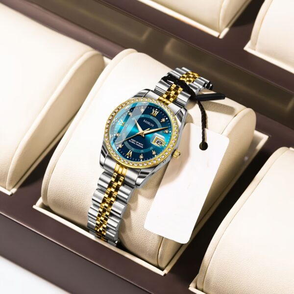 KASRLUO Women's Stainless Steel Quartz Watch with Luminous Rhinestone Date Display, Blue Dial & Golden-Tone Band - Elegant Business Style, Casual Elegance | Elegant Timepiece | Luminous Dial