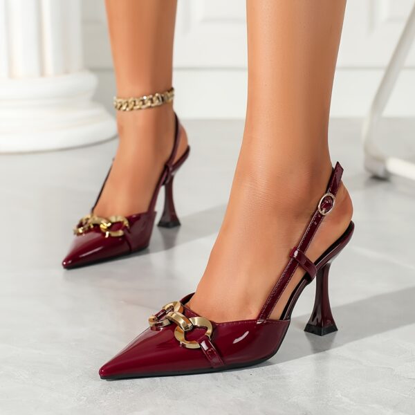 Pair of elegant pointed-toe high-heeled sandals with sleek silhouette, adorned with metal buckle straps for added sophistication and elegance. The slim heel design effortlessly elevates your presence, allowing you to confidently strut your unique charm whether in the workplace or at dinner - Image 8