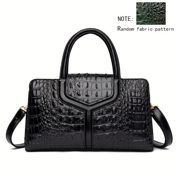 Elegant Women's Crocodile-Embossed Handbag - Chic European & American Style, Versatile Crossbody & Shoulder Bag in Black with Green Accents, Durable PU Material with Polyester Lining, Zip Closure - Image 6