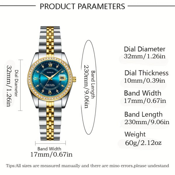 KASRLUO Women's Stainless Steel Quartz Watch with Luminous Rhinestone Date Display, Blue Dial & Golden-Tone Band - Elegant Business Style, Casual Elegance | Elegant Timepiece | Luminous Dial - Image 2