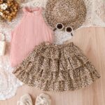 Girls' 3pcs Vintage Leopard Print Outfit Set - Sleeveless Cotton Blend Bandeau Top, Tiered Skirt, and Matching Hat - Casual Summer Wear for Kids with Frill Details - Image 8