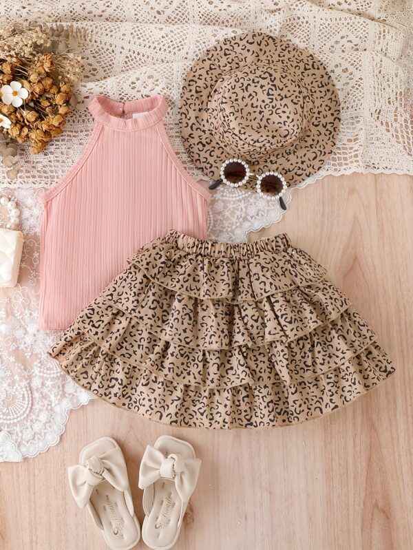 Girls' 3pcs Vintage Leopard Print Outfit Set - Sleeveless Cotton Blend Bandeau Top, Tiered Skirt, and Matching Hat - Casual Summer Wear for Kids with Frill Details - Image 8