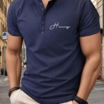 Trendy Letters Print Men's Athletic V-Neck Henley T-Shirt - Short Sleeve Casual Workout Top For Spring Summer Fitness Holiday - Image 2