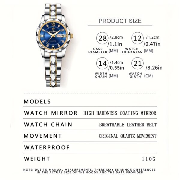BINBOND Women's Light Luxury Quartz Watch with Night Glow, Double Calendar, Stainless Steel Band & Blue Dial - Elegant Casual & Formal Watch for Casual Attire - Image 6