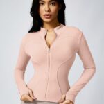 High-Elasticity Slim-Fit Yoga Top - Stand Collar Zipper Front Long Sleeve Workout Shirt, Peach Solid Color Non-See-Through Fabric for Yoga, Gym & Casual Wear, Machine Washable, Formfitting Design, Highelasticity Material - Image 10