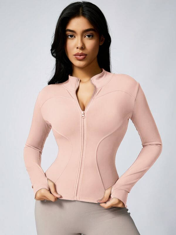 High-Elasticity Slim-Fit Yoga Top - Stand Collar Zipper Front Long Sleeve Workout Shirt, Peach Solid Color Non-See-Through Fabric for Yoga, Gym & Casual Wear, Machine Washable, Formfitting Design, Highelasticity Material - Image 10