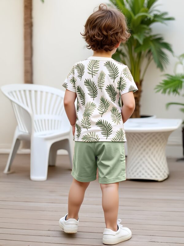 2pcs set of boys' clothing, summer short-sleeved round-neck T-shirt with leaf print and boy's fashionable shorts for summer outings, Perfect for Outdoor - Image 7